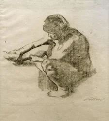 Sitzende Frau im Profil nach links